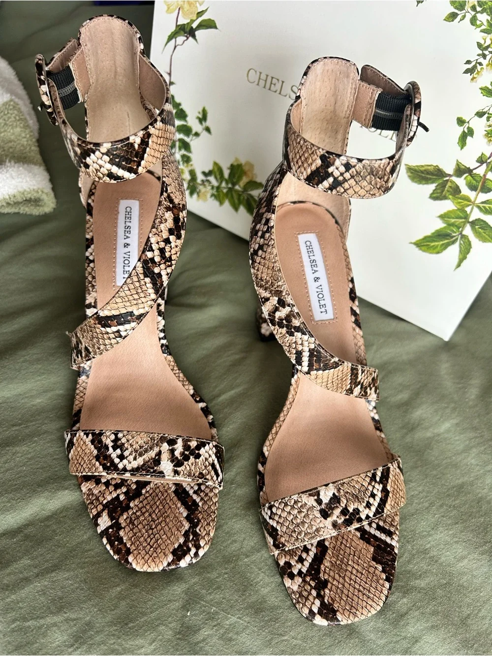 Chelsea & Violet Snake-Print Strappy Block Heel Sandals in Tan and Brown